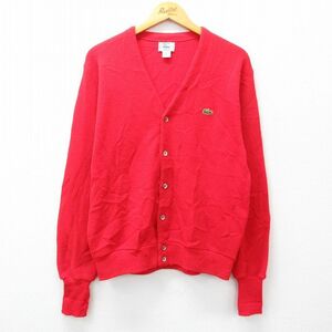 M/古着 ラコステ LACOSTE IZOD 長袖 ブランド ニット カーディガン メンズ 90s ワンポイントロゴ アクリル 赤 レッド 23sep29 中古 ト