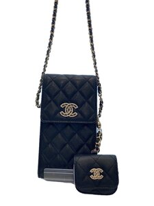 CHANEL◆ポーチ/レザー/BLK/無地