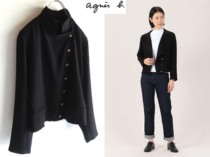 美品 agnes b. アニエスベー 2022AW U700 VESTE フィフルブルゾン メタルボタン 花釦 ショート丈 ジャケット 36 黒 ブラック 定価57200円