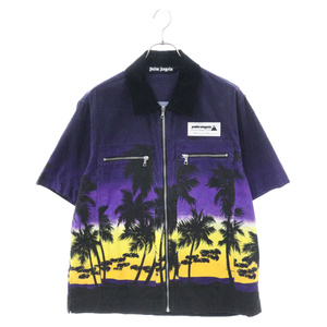 パームエンジェルス Sunset Cotton Corduroy Zip Bowling Shirt ジップアップコーデュロイ半袖シャツ パープル PMGG002S23FAB001