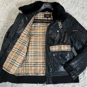 【希少Lサイズ】バーバリーブラックレーベル BURBERRY BLACK LABEL ダウンジャケット ノバチェック ブルゾン 黒 ブラック ファー メンズ