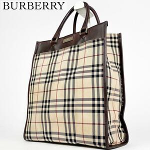 美品・人気モデル Burberry バーバリー トートバッグ ノバチェック ハンドバッグ トップハンドル キャンバス レザー ブラウン ベージュ