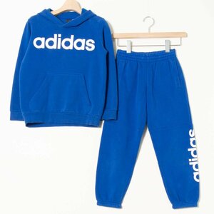 adidas アディダス 裏起毛スウェット上下セット パーカー ジョガーパンツ 綿ポリエステル ロゴプリント 秋冬 青 ブルー 140/130 キッズ