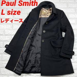 ★ポール スミス 美品 L！アンゴラ メルトンウール コイン柄★Paul Smith ステンカラー コート レディース ロング丈 背ベルト付 ブラック