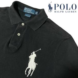 人気の黒【POLO RALPH LAUREN 】ビッグポニー ロゴ刺繍 半袖ポロシャツ 極上コットン100% 鹿の子 黒×白ロゴ ラルフローレン M相当 良品