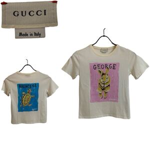 GUCCI グッチ MADE IN ITALY イタリア製 GEORGE & PRINCESS うさぎ 亀柄 両面プリントキッズTシャツ カットソー 8 アイボリー系 アーカイブ