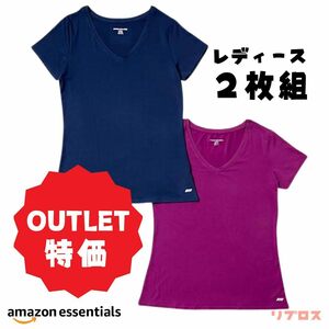 新品 Amazon Essentials 2枚組 Tシャツ レディース Lサイズ テックウェア Vネック ストレッチ 半袖 ネイビー オーキッド