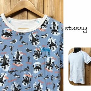 stussy /ステューシー /メンズ 2way リバーシブル 半袖Tシャツ トップス ロゴ刺繍 総柄×白T カジュアル ストリート 古着