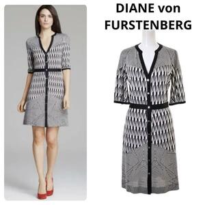 【美品】DIANE von FURSTENBERG ダイアンフォンファスティンバーグ＊上質 シルク100％ ジオメ 総柄 ストレッチ ワンピース 黒 白 2 幾何学