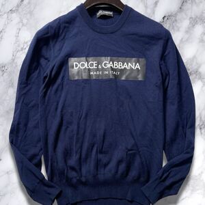 美品!!! ドルチェ&ガッバーナ テープロゴ ニット 長袖 クルーネック ウール トレーナー セーター DOLCE&GABBANA メンズ ネイビー 紺色 44 M