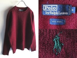 希少 90sビンテージ Polo by Ralph Lauren ラルフローレン ポロポニーロゴ刺繍 ウール ニット シャギーセーター M バーガンディ USA企画