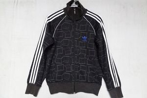 adidas/アディダス/長袖トラックジャケット/ジャージ系スウェット素材/ハードル柄/前ジップアップ/白ライン/黒/ブラック/Sサイズ(4/3R)