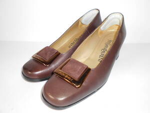 b142◆Yves Saint Laurent パンプス◆イヴサンローラン size35 22cm程 チャンキーヒール レザー ブラウン ゴールド金具 リーガル社製造