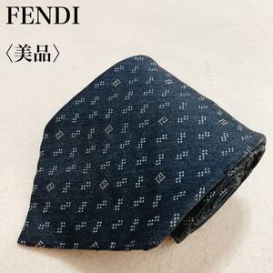 【美品】FENDI フェンディ ネクタイ イタリア製 シルク ウール ソリッドタイ メンズ 高級感 ゴージャス ワンポイントロゴ 総柄 ドット T46