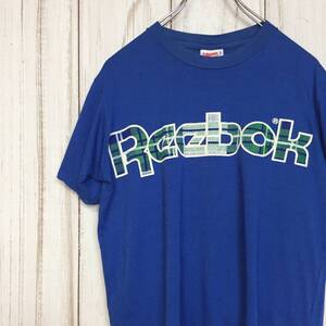 【リーボック 半袖ビッグロゴTシャツ】80s ユニオンジャックロゴ M 青 Reebok 古着 [220420-007]