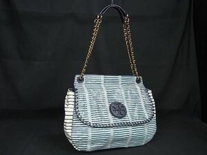 1円 ■極美品■ TORY BURCH トリーバーチ レザー ボーダー チェーン ショルダーバッグ トートバッグ グリーン系 FC9622