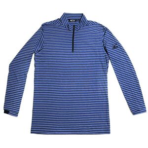 極美品！MIZUNO GOLF ミズノ ゴルフ 長袖 モックネック シャツ ハーフジップ ボーダー柄 ストレッチ ドライ 速乾 吸汗 青×紺 メンズ L