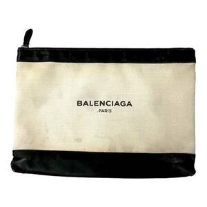 BALENCIAGA バレンシアガ ネイビークリップM キャンバス クラッチバッグ セカンドバッグ ベージュ系×ブラック系 中古品