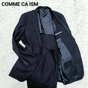 コムサイズム COMME CA ISM 美品 スーツセットアップ シングル ストライプ 背抜き 黒色 ブラック XL ビジネス ウール ポリエステル メンズ