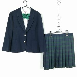 1円 ブレザー チェックスカート リボン 上下4点セット 大きいサイズ 特大 トンボ 冬物 女子 学生服 京都北桑田高校 紺 中古 ランクC NA8843