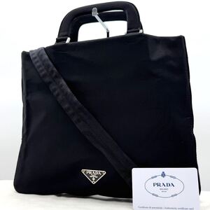 3217【極希少】PRADA プラダ ショルダーバッグ ハンドバッグ 2way 斜め掛け ポコノ 三角ロゴプレート シルバー金具 テスートナイロン 黒