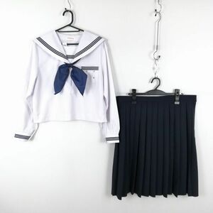 1円 セーラー服 スカート スカーフ 上下3点セット 175B 大きいサイズ 特大 トンボ 中間服 青3本線 女子 中学 高校 白 中古 ランクC NA8918