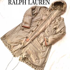 ★ RALPH LAUREN ラルフローレン ダウン 80% フェザー 20% ダウン ロング コート ロングコート ナイロン 牛革 レザー パイピング カーキ 