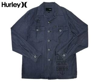 【1000円〜】★Hurley ハーレー ヴィンテージ加工 コンチョボタン 長袖 ワークシャツ ネイビー メンズ M