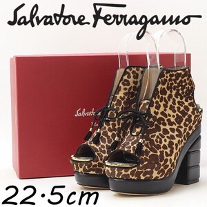 ◆Salvatore Ferragamo サルヴァトーレ フェラガモ ハラコ レオパード柄 レースアップ オープントゥ ヒール ブーツ サンダル 5