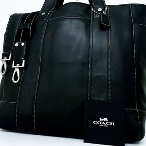 1円■未使用級■COACH コーチ 2way オールレザー トートバッグ ビジネス トラベル 旅行 ブリーフケース 大容量 A4可 メンズ ブラック 黒