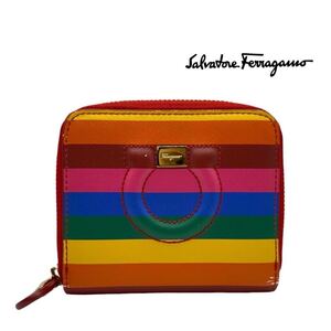 【希少デザイン】◆ Salvatore Ferragamo サルヴァトーレフェラガモ ◆ レインボー レザー ラウンドファスナー ウォレット 財布