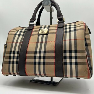 【美品】 バーバリー BURBERRY ミニ ボストンバッグ ハンドバッグ ノバチェック シャドーホース キャンバス レザー 本革 ロゴプレート 鞄