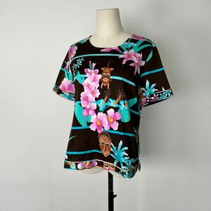 O11411022 LEONARD レオナール 半袖カットソー Tシャツ 美しい花柄プリントアジアンテイスト ブラウン 茶色 サイズ42/M レディース 女性用