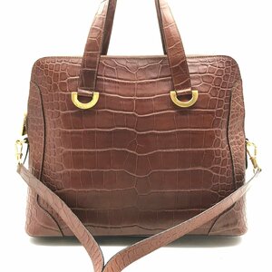 外観良品 CELINE セリーヌ クロコ 型押し ヴィンテージ 2WAY ハンド ショルダー バッグ ブラウン a2581