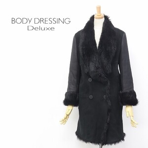 【T195】◆BODY DRESSING Deluxe/ボディドレッシング デラックス ムートン ファー 切替 ビッグカラー ダブル コート ブラック 38 SAMPLE