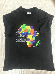 ヴィンテージ/ビンテージ ダメージ有 Hanes製 USA製 AFRICA THE CONTINENT/アフリカ大陸 両面プリント Ｔシャツ 黒 L