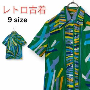 70s 80s 総柄 カラフル柄 半袖シャツ ブラウス 緑 グリーン レディース レトロ サイケ 昭和ビンテージ 古着 匿名配送