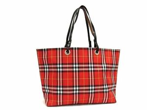 1円 BURBERRY バーバリー キャンバス×レザー チェック柄 トートバッグ ショルダー 肩掛け レディース レッド系×マルチカラー BL0615