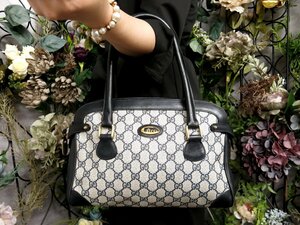 超美品●GUCCI オールド グッチ●GGスプリーム●PVC カーフ レザー 本革●ハンド バッグ●ネイビー グレー●G金具●ヴィンテージ●Js50240