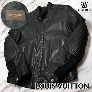 【レア品/美品】Louis Vuitton ルイヴィトン ライダースジャケット ダミエ柄 サイズ48 M相当 高級カーフレザー使用 黒 本革 ファスナー