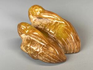 天然古玉 古美術 鶴 親子 手彫り 鶏油黄 根付 置物 中国 古玩 玉石 唐物 玉石彫刻 置物