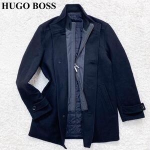 【希少美品】HUGOBOSS ヒューゴボス ハーフコート ハーフジャケット ブルゾン ロングジャケット 表記サイズ 46(S相当) ブラック 黒 メンズ