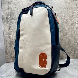 1円【美品】 コーチ COACH ボディバッグ 斜め掛け ショルダー ダークブルー ホワイト バイカラー レザー メンズ スリング ビジネス 