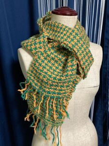 ハンドメイド 手織り ウール100％ ロングマフラー ベージュ handmade wool merino handwoven scarve shawl orange green pinwheel pattern