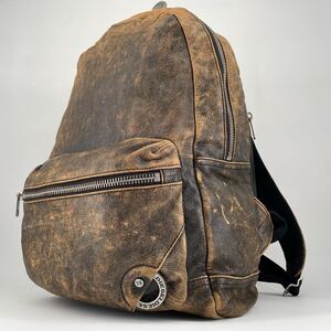 【美品/希少】DIESEL ディーゼル ヴィンテージ リュック バックパック メンズ ビジネス ミリタリー ロゴ A4可 レザー シボ革 ブラウン 茶黒