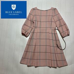 BLUE LABEL CRESTBRIDGE ブルーレーベル クレストブリッジ ベルト付き ワンピース 38 ウール レディース ピンク チェック 三陽商会