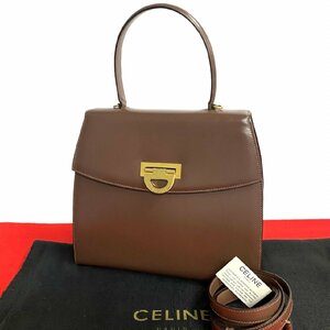 極 美品 CELINE セリーヌ ヴィンテージ ロゴ 金具 カーフ レザー 本革 2way ハンドバッグ ショルダーバッグ ポシェット ブラウン 茶 25328