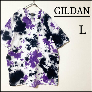 メンズ服新品タイダイ半袖TシャツL　白紫黒 総柄　春夏物 トップス　エスニック系　丸首　GILDAN　ギルダン　ブランド　一点物