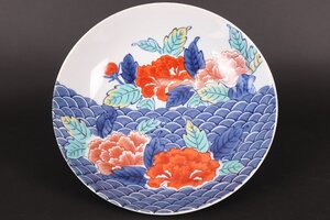 【珍品堂】1円から　鍋島焼　色絵牡丹青海波大鉢　台鉢　１点　懐石　和食器　古美術　骨董品　高約7.2cm　径約24.8cm