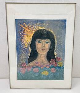 真作【額装 1983. AP「バラと太陽とギルと」F.Tanaka】薔薇と女の子/絵画/版画/レトロ/インテリア/飾りにも★/A55-058